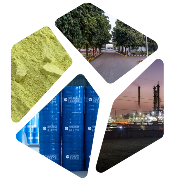 Sodium hydrosulfite powder, blue product drums, the plant at dusk and a tree-lined road
